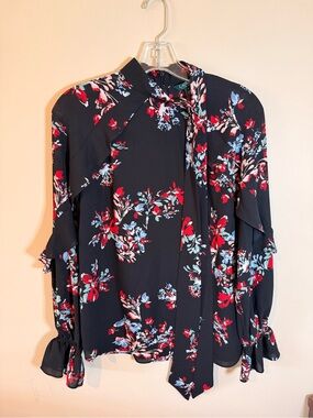Ralph Lauren Navy Floral Tie-Neck Blouse